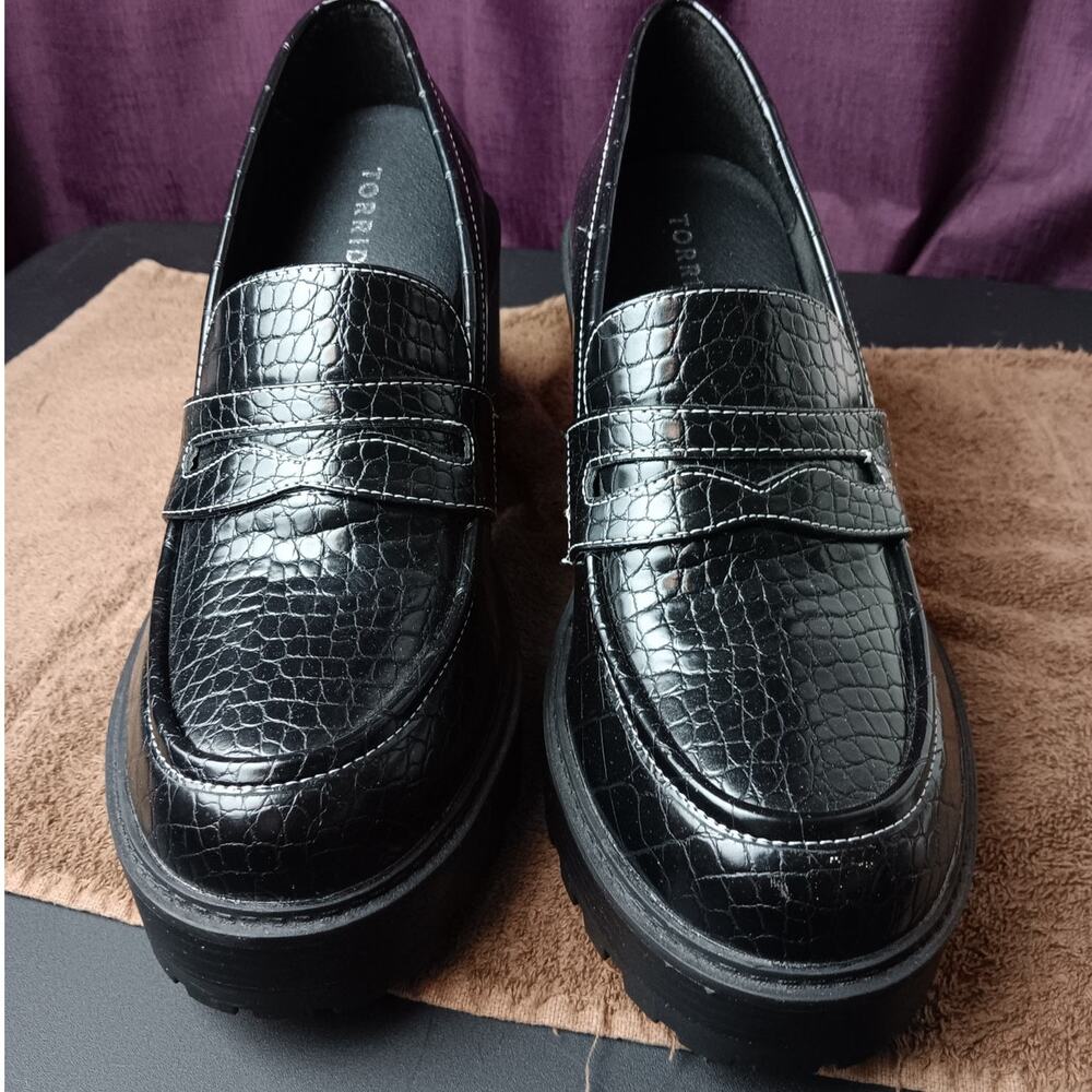 Torrid Croco Platform Heeled Loafers Womens 11.5 WW Black Chunky Goth Schoolgirl - Picture 4 of 9